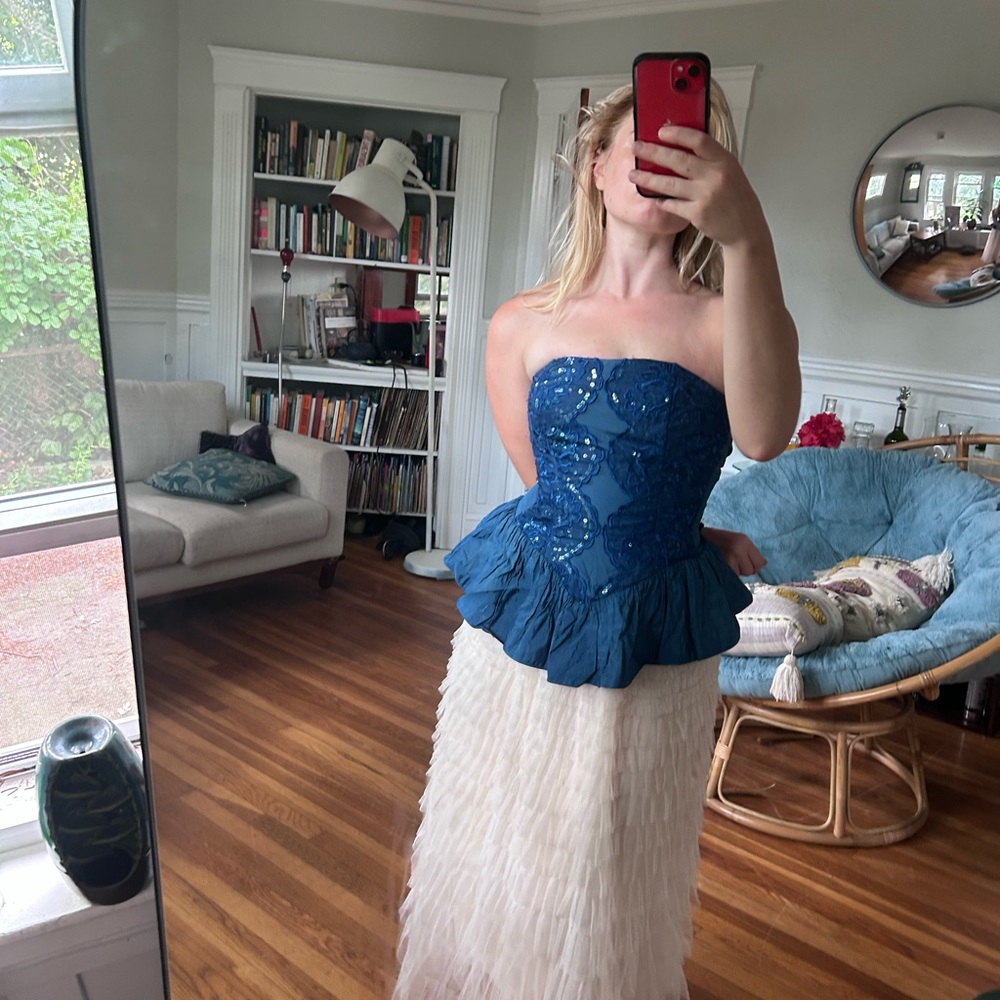 Blue Strapless Peplum Top